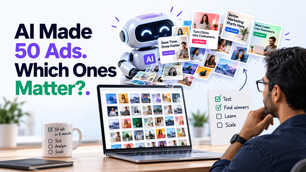 AI generates dozens of advertising creatives while a marketer evaluates which ads are worth testing and scaling.
