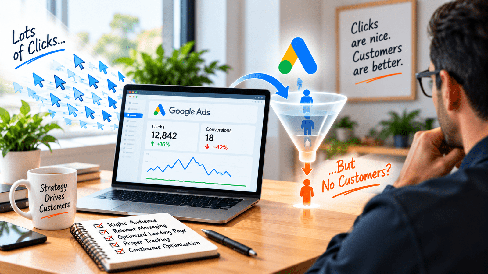 Google Ads dashboard showing high clicks but low conversions through a customer funnel