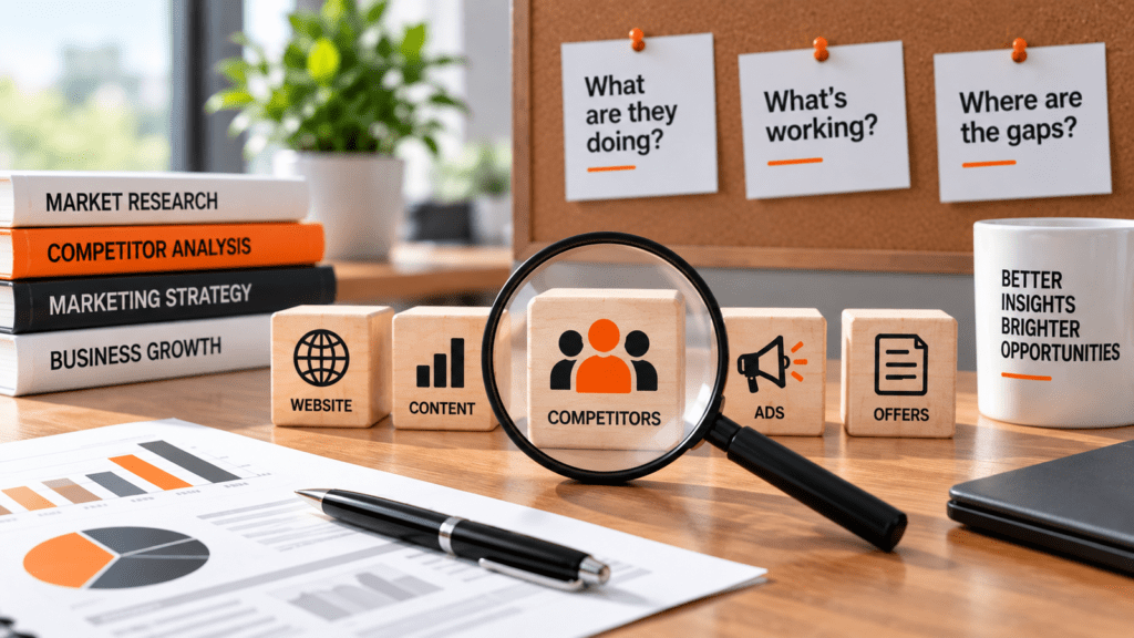Competitor marketing research with magnifying glass, analysis charts, and marketing strategy notes