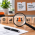 Competitor marketing research with magnifying glass, analysis charts, and marketing strategy notes