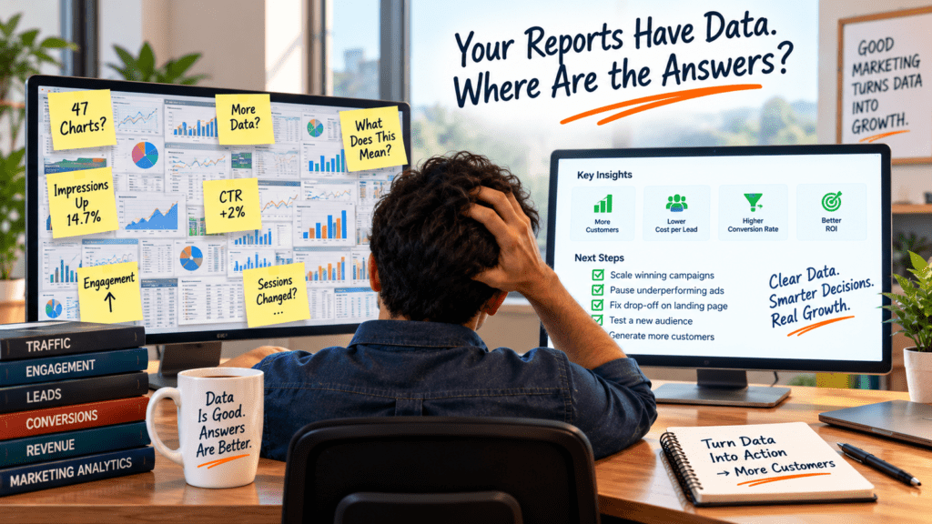 Marketing analyst comparing an overcrowded analytics dashboard with clear marketing insights and actionable next steps.