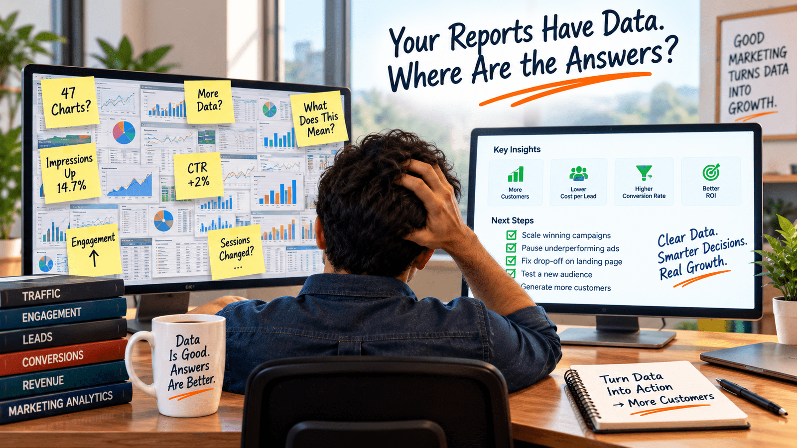 Marketing analyst comparing an overcrowded analytics dashboard with clear marketing insights and actionable next steps.