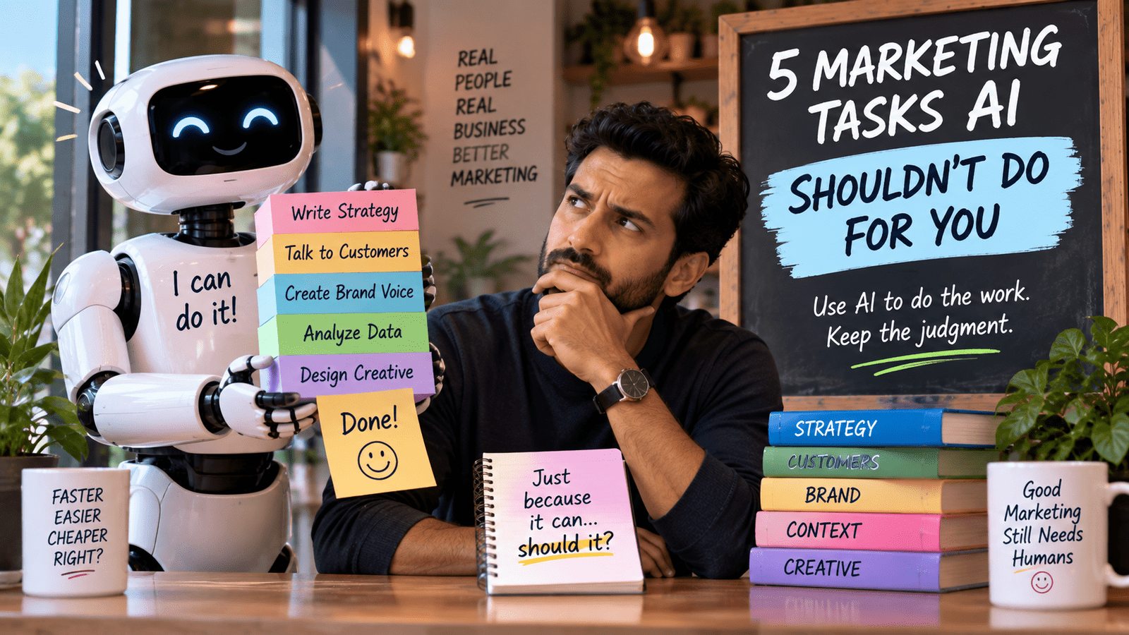 Marketer deciding which marketing tasks should remain human while an AI robot offers to handle strategy, customers, brand voice, data and creative work.