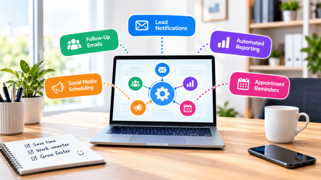 Marketing automation workspace with a laptop and workflow icons for lead notifications, follow-up emails, reporting, appointment reminders and social scheduling