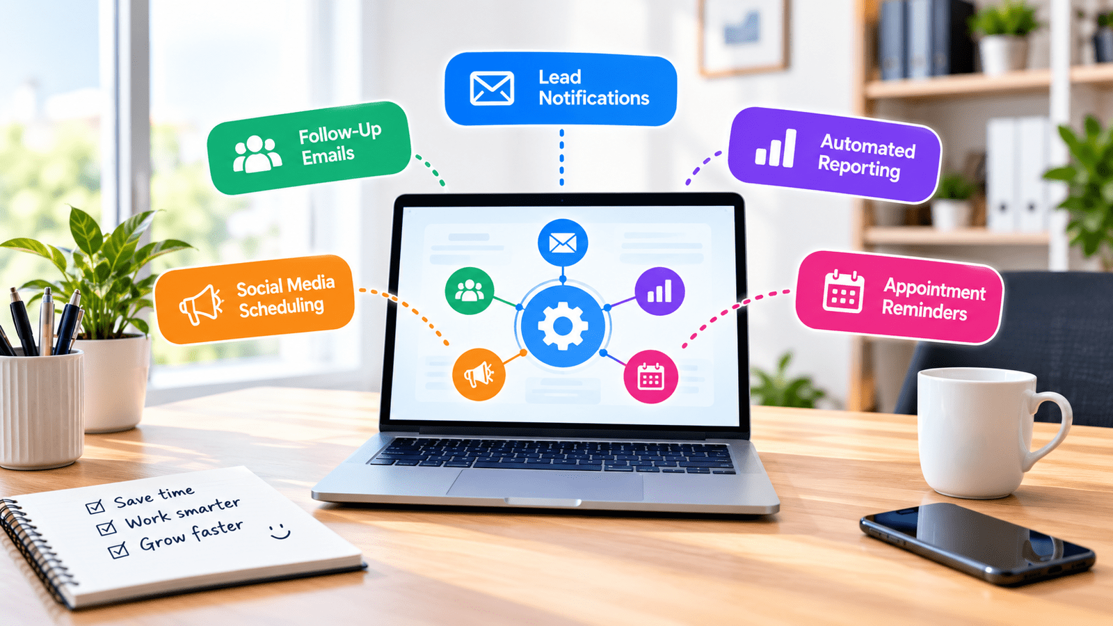 Marketing automation workspace with a laptop and workflow icons for lead notifications, follow-up emails, reporting, appointment reminders and social scheduling