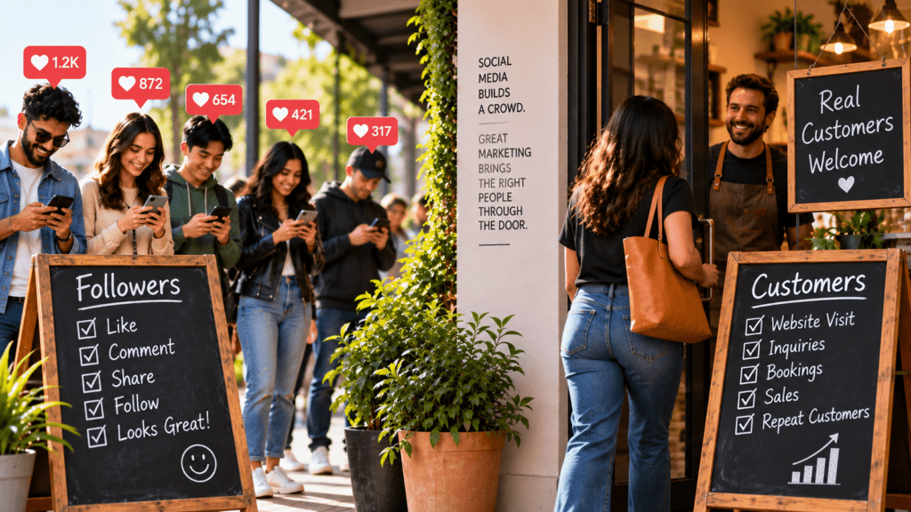 Social media followers checking their phones outside a local business while a real customer enters the store.