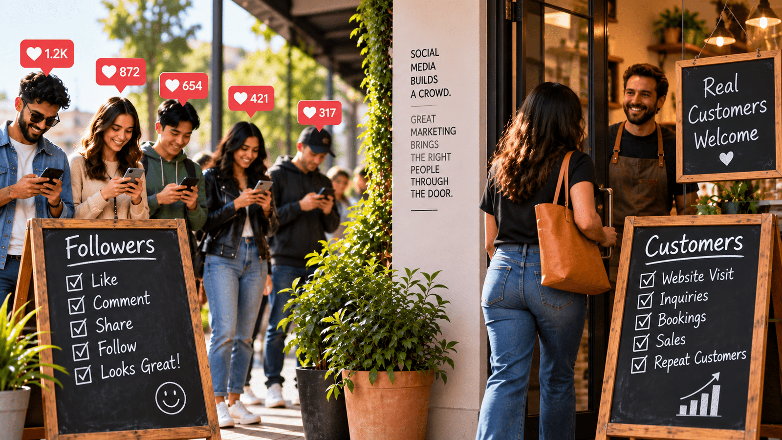 Social media followers checking their phones outside a local business while a real customer enters the store.
