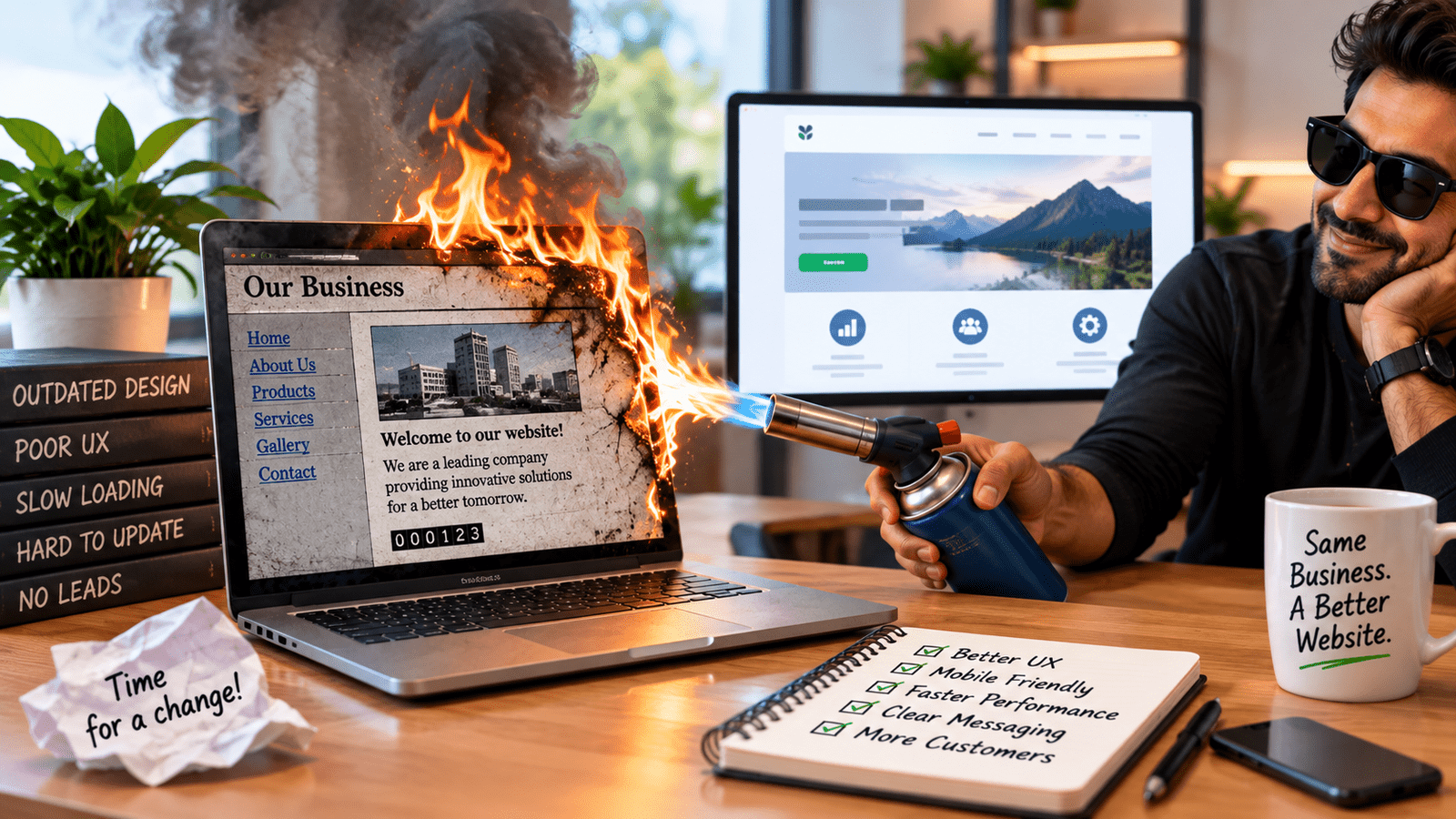 Outdated business website being set on fire to symbolize replacing a poor website with a modern, user-friendly design