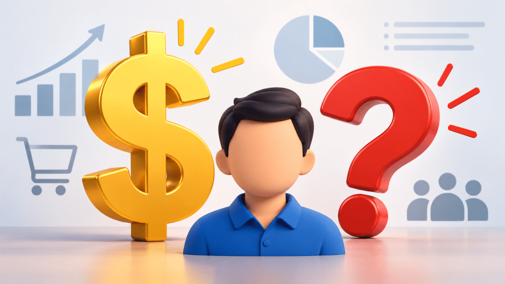 Customer avatar between a gold dollar sign and red question mark, illustrating uncertainty in customer lifetime value calculations.