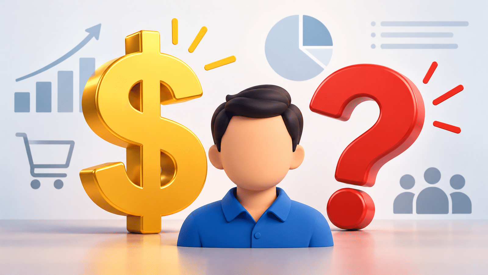 Customer avatar between a gold dollar sign and red question mark, illustrating uncertainty in customer lifetime value calculations.