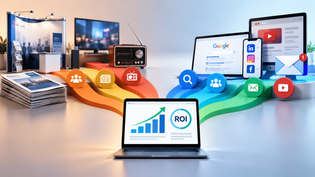 raditional marketing channels including trade shows, print, TV and radio connecting with digital marketing channels to generate measurable ROI.