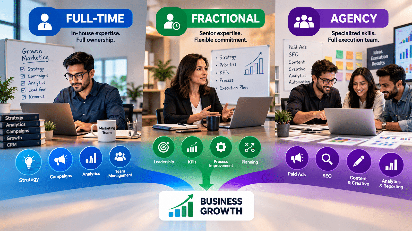 Comparison of full-time growth marketers, fractional marketing leaders and marketing agencies, showing their different capabilities and contributions to business growth.