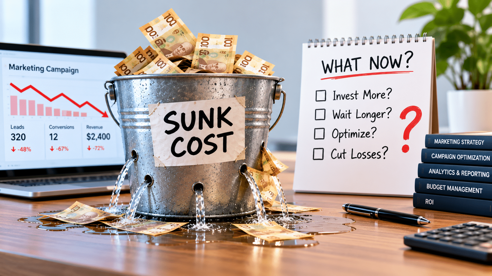 Leaking bucket filled with money illustrating the sunk cost fallacy in marketing budgets and underperforming advertising campaigns.