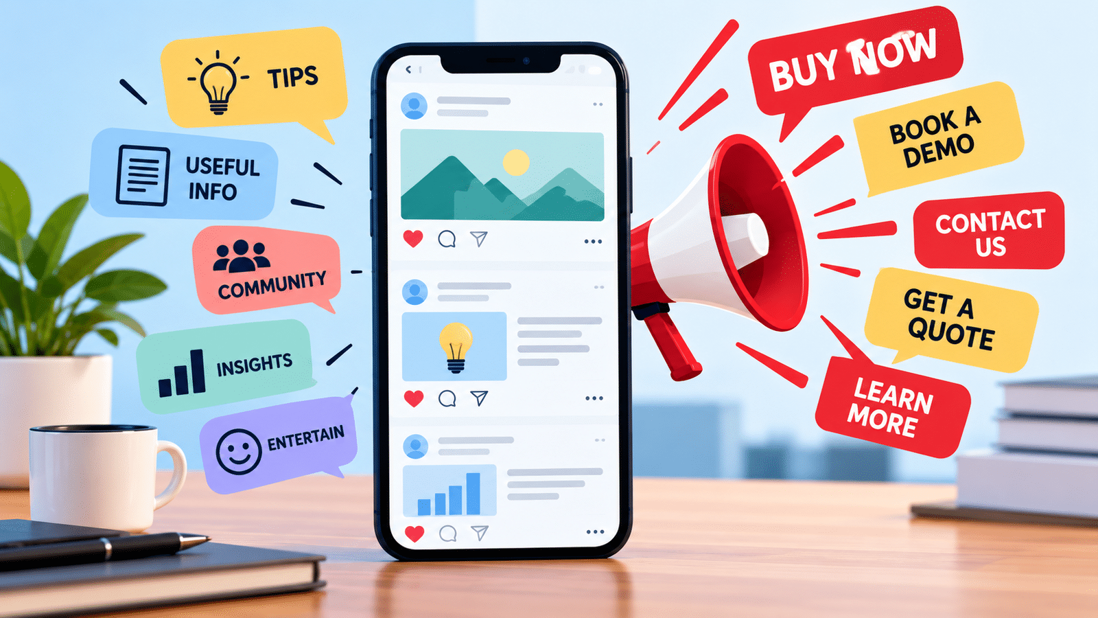 Social media marketing illustration contrasting valuable educational content with constant sales pitches and promotional calls to action.
